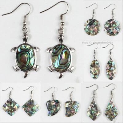 Natural Paua Abalone Shell Silver Hook Dangle Moon Cross Turtle Drop Earrings - Image 1 of 4