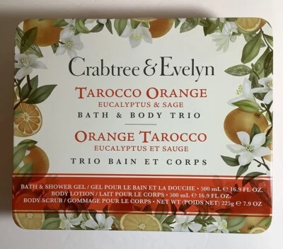 NUEVO Crabtree & Evelyn TAROCCO NARANJA Loción Corporal EXFOLIANTE Baño Ducha Gel LATA 3 Piezas Foto 1 de 4