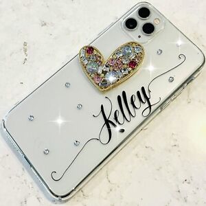 Custom Personalised Mobile Phone Case Name Diamante Bling Cover with Love Heart