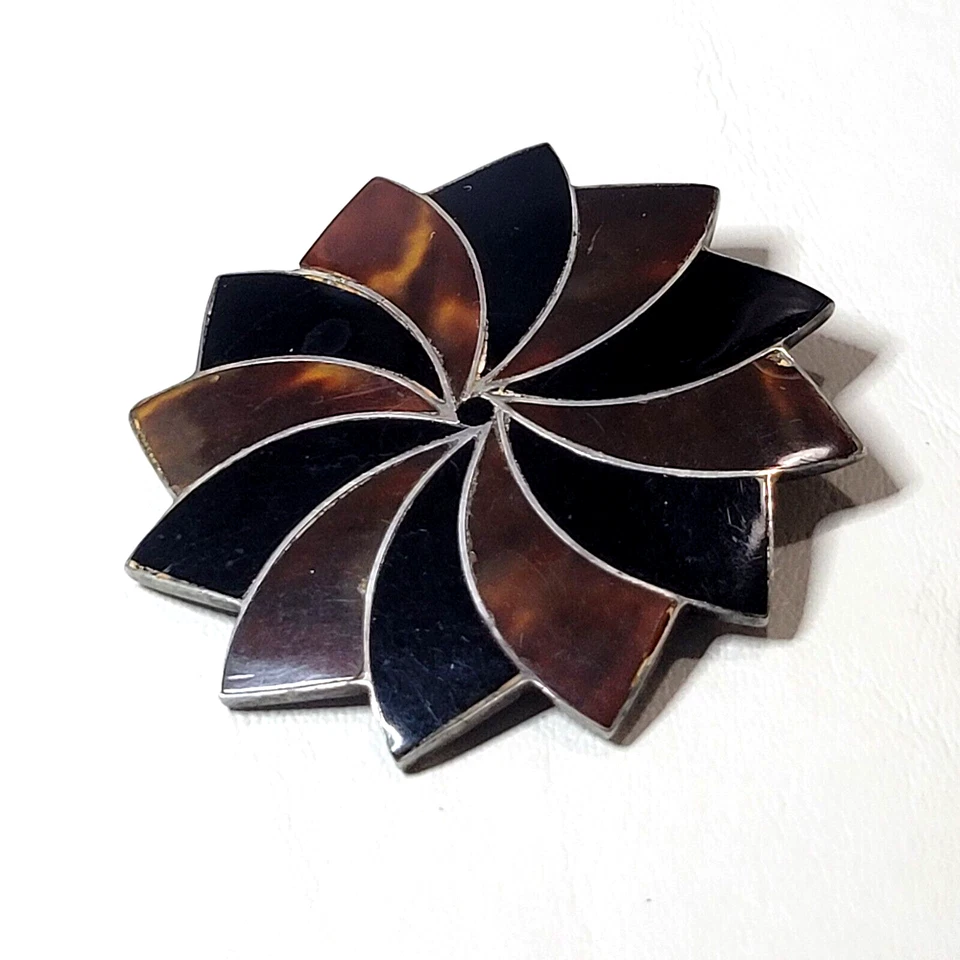 罕见 TAXCO 925 纯银胸针吊坠 2.5 英寸棕色外壳黑色 ONYX 2422 — 第 1/1 张图片