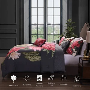 Flora Drift 5 Piece Reversible Comforter Set 100% Cotton 200 Thread Count-King - Picture 1 of 13