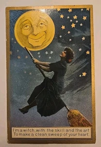Antique Halloween Postcard Spooner Series 76, Pretty Witch & Smiling Full Moon  - Picture 1 of 6