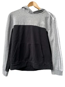 Adidas Youth Pullover Hoodie Size L (14/16) Gray & Black Color Block 3 Stripes - Picture 1 of 11