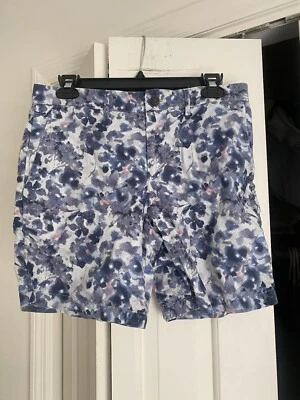 Club Monaco Blue Navy Pink White Watercolor Floral Men's Baxter Linen Shorts 28 - Image 1 of 3