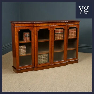 Antique English Victorian Burr Walnut Glazed Breakfront Inlaid Display Bookcase - Image 1 of 4