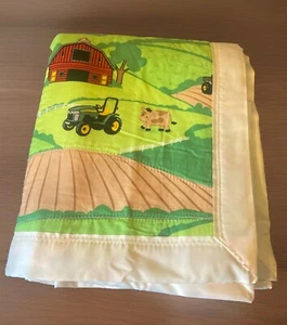 Cotton Baby Blanket Green Satin Trim Handmade Farm Tractor Horse Cow 42”x44” - Picture 1 of 13