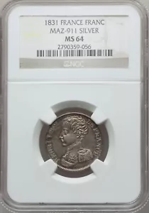 FRANCE HENRI V "PRETENDER" 1831 SILVER FRANC COIN MINT STATE, NGC CERTIFIED MS64 - Picture 1 of 2