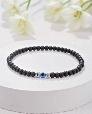 Black Tourmaline Evil Eye Reiki Stretch Bracelet 4mm Round Crystal Gemstone Bead - Image 1 of 4