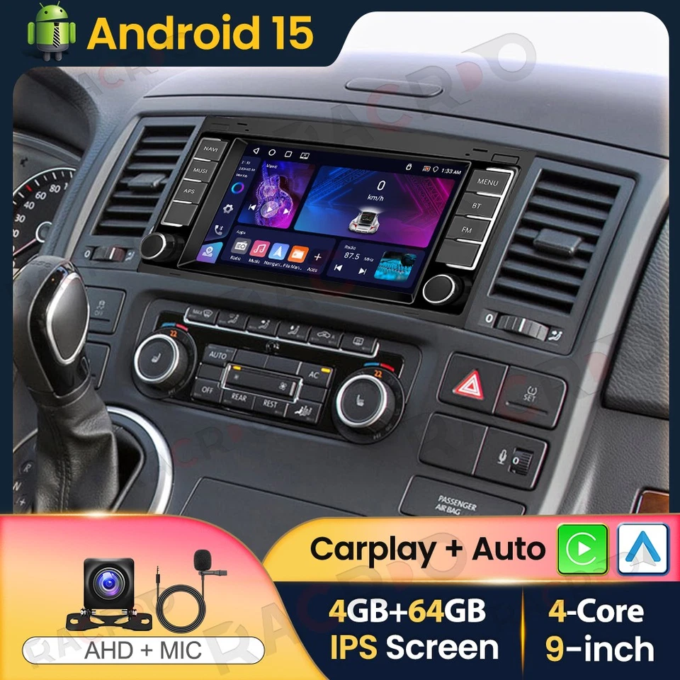 RACRDO Radio de coche 4+64 GB para VW T5 Multivan 2008-2015 Android 15 Apple Carplay GPS Navi