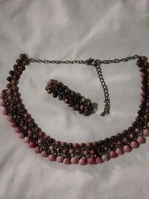 Rhodonite Gemstone Beaded Necklace, Bracelet, Earrings Foto 1 de 4