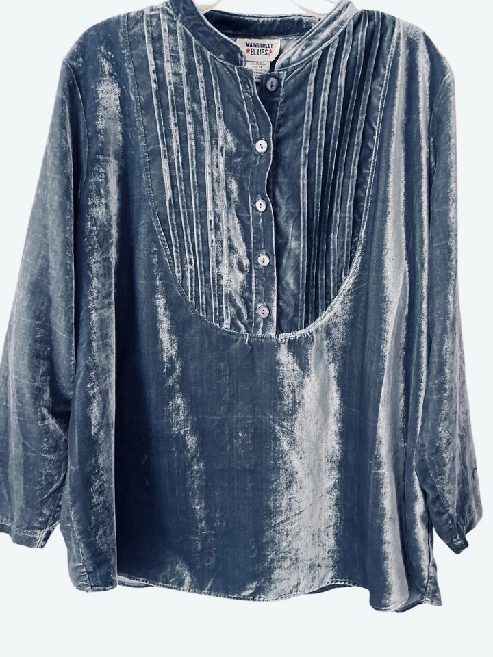 Blusa Mainstreet Azul Top Mujer 1X Azul Terciopelo Pintuck Cuello Mandarín De Colección Foto 1 de 4