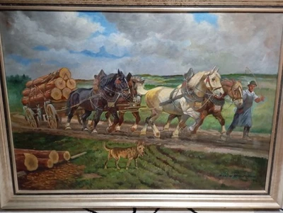 Albin Tippmann übergroßes Ölgemälde Leinwand signiert Bauer mit Pferdegespann - Bild 1 von 4