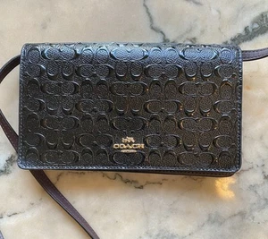 Coach Crossbody Clutch Signature Debossed Patent Leather Bag Black/Oxblood - Picture 1 of 16
