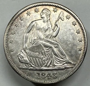 1843 Seated Liberty Half Dollar, Choice AU Silver 50c Lamination Error Rev - Picture 1 of 2
