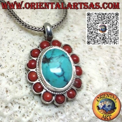 Ciondolo in argento 925‰ con turchese tibetano naturale ovale e 13 coralli natur - Immagine 1 di 4
