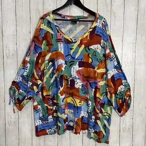 NWT Ali Miles Tee Top Women 3X Stretch Multicolor Abstract Print Knit V-Neck - Picture 1 of 11