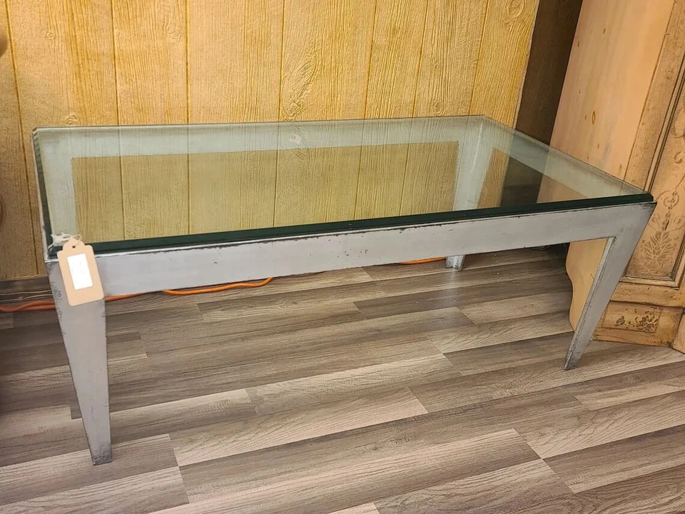 Modern Rustic Accent/Coffee Table with Glass Top and Metal Base - Image 1 of 4