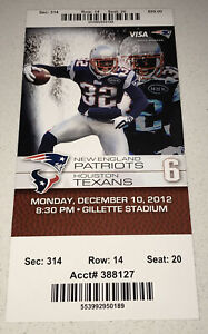 12/10/12 Texans New England Patriots Ticket Stub Brady TDs x4 Aaron Hernandez