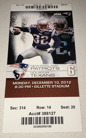 12/10/12 Texans New England Patriots Ticket Stub Brady TDs x4 Aaron Hernandez Cover