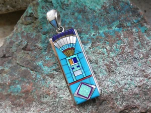 Kachina Turquoise Inlayed Multi Gemstone Opal Sterling Silver 925 Pendant R69 - Picture 1 of 12
