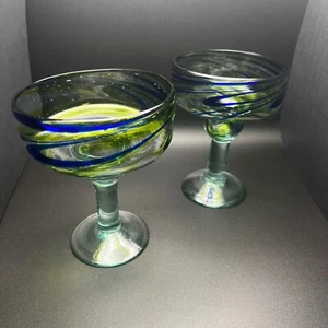 Cobalt Blue & Green Swirl Hand Blown Glass Margarita Glasses 6-1/4" Tall (2) - Picture 1 of 9