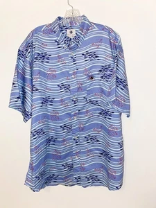 Southern Proper Blue Print Fish Waves Cotton Button Up Short Sleeved Shirt XL - Picture 1 of 5