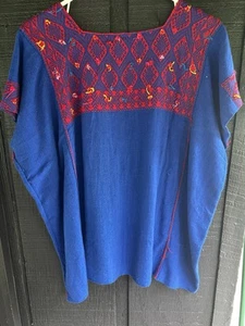 VTG BOHO Mexican Embroidered Blouse Top Shirt Tunic Royal blue XL - Picture 1 of 3