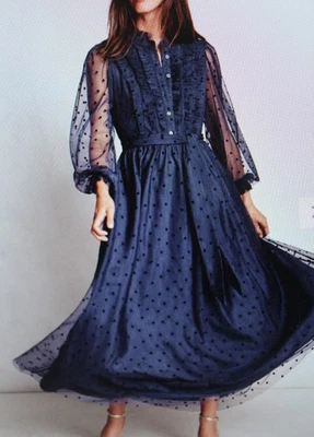 Maxi Vestido Azul Marino Boden Tul Volantes Manga Transparente Cinturón - 16 Regular - Nuevo Foto 1 de 4
