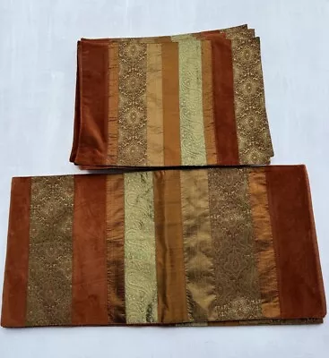 Crate & Barrel Kingsbury Bronze Tapestry 10 Placemats & Runner Set Royal - Image 1 of 4