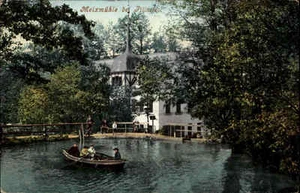 Meixmühle bei Pillnitz Sachsen Color Postkarte 1909 gelaufen Mühlteich Ruderboot - Picture 1 of 2