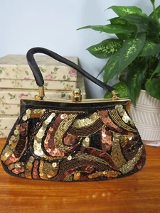 Gold Bronze Sequin Occasion Bag Y2K Vintage Handbag Evening 20s Art Deco Look - Picture 1 of 4