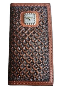 Western Ranger Leather Snowflake Basket Weaved Tooled Rodeo Wallet Longhorn - Picture 1 of 5