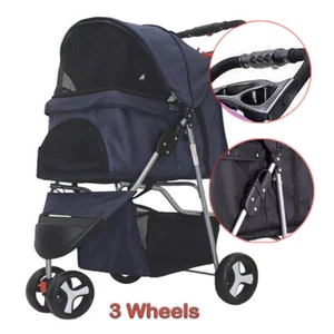 3 Wheels Foldable Pet Strollers Portable Travel Carrier w/Cup Holder Navy Blue - Picture 1 of 13
