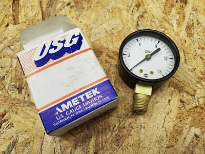 US Gauge 15# 15 PSI 2"  Bottom-mount Pressure Gauge 1/4" Male NPT - NEW - Image 1 of 4