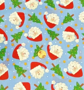 30' x 44' REMNANT Santa Heads on Blue Cotton Fabric by General Fabrics - Picture 1 of 3