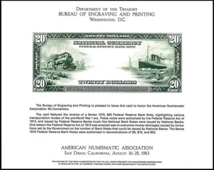 1983 Washington DC ANA $20 Federal Reserve Note Souvenir Card NSC19 B-61 - Picture 1 of 1