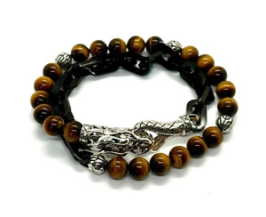JOHN HARDY Legends Naga Silver Double Wrap Link w/ Tiger Eye Bracelet L #68A - Picture 1 of 14