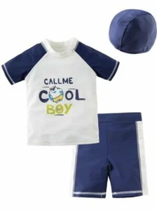 Kid Boys Chic Animals Printed One-Piece Rash Guard with Sun Hat 2pcs Swimsuit Po - Picture 1 of 5