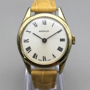 Vintage Bradley Watch Women 33mm Gold Tone Leather Band Swiss Made Manual Wind - Picture 1 of 16
