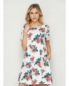 Vestido columpio de manga corta con bolsillos con estampado floral gema marfil y coral - Imagen 1 de 4