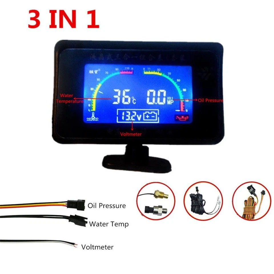 Car 3 Functions LCD Oil Pressure Gauge Monitor+Voltmeter+Water Temp Gauge , - Image 1 of 4