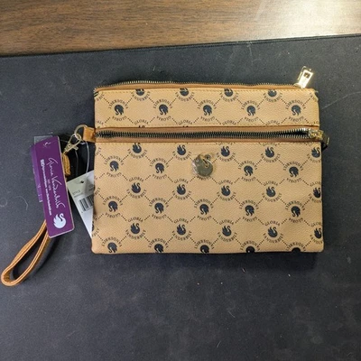 Bolso de Mano Muñequera Gloria Vanderbilt Bronceado Beige Negro Cisne Logo Patrón Cremallera Dorada Foto 1 de 4