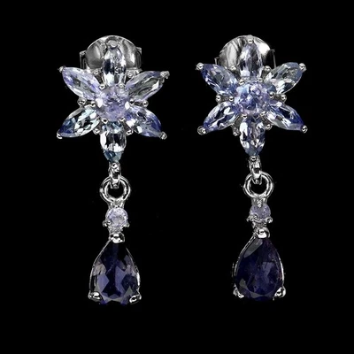925 Sterling Silver Earrings Pear Iolite 7x5mm Tanzanite Natural Gemstone Jewelr - Image 1 of 4