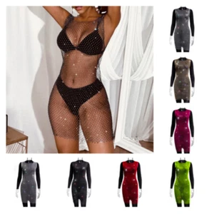 Women Sheer Mesh Net Mini Dress Sleeveless Hollow Out Rhinestone See Through - Picture 1 of 19