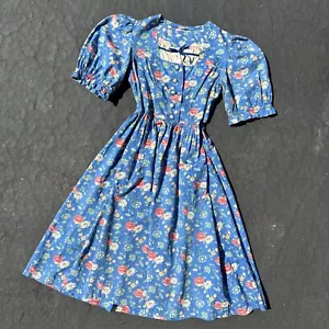 Vestido folclórico estilo Dirndl floral de algodón azul vintage de los años 30 manga abullonada - Imagen 1 de 3