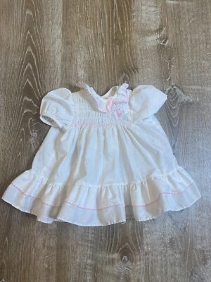 Vintage Baby Girls Dress Polly Flinders White Pink Smocked dot heart ~9 Months  - Image 1 of 4
