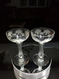2 Champagne Coupes Glasses Hollow stem Hotel Drake Morgantown floral basket etch - Picture 1 of 11