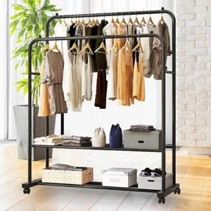 Heavy Black Metal 2 Rail Clothing Garment Rack w/ Shelves Rolling Portable Stand - Picture 1 of 13
