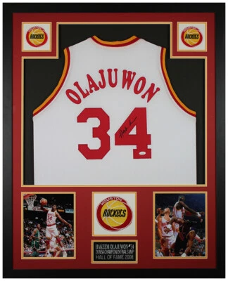 Hakeem Olajuwon Autographed & Framed White Houston Jersey Auto JSA COA - Image 1 of 4