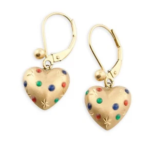 Vintage 14K Gold Puffed Heart Leverback Dangle Earrings Multicolor Enamels Dots - Picture 1 of 5